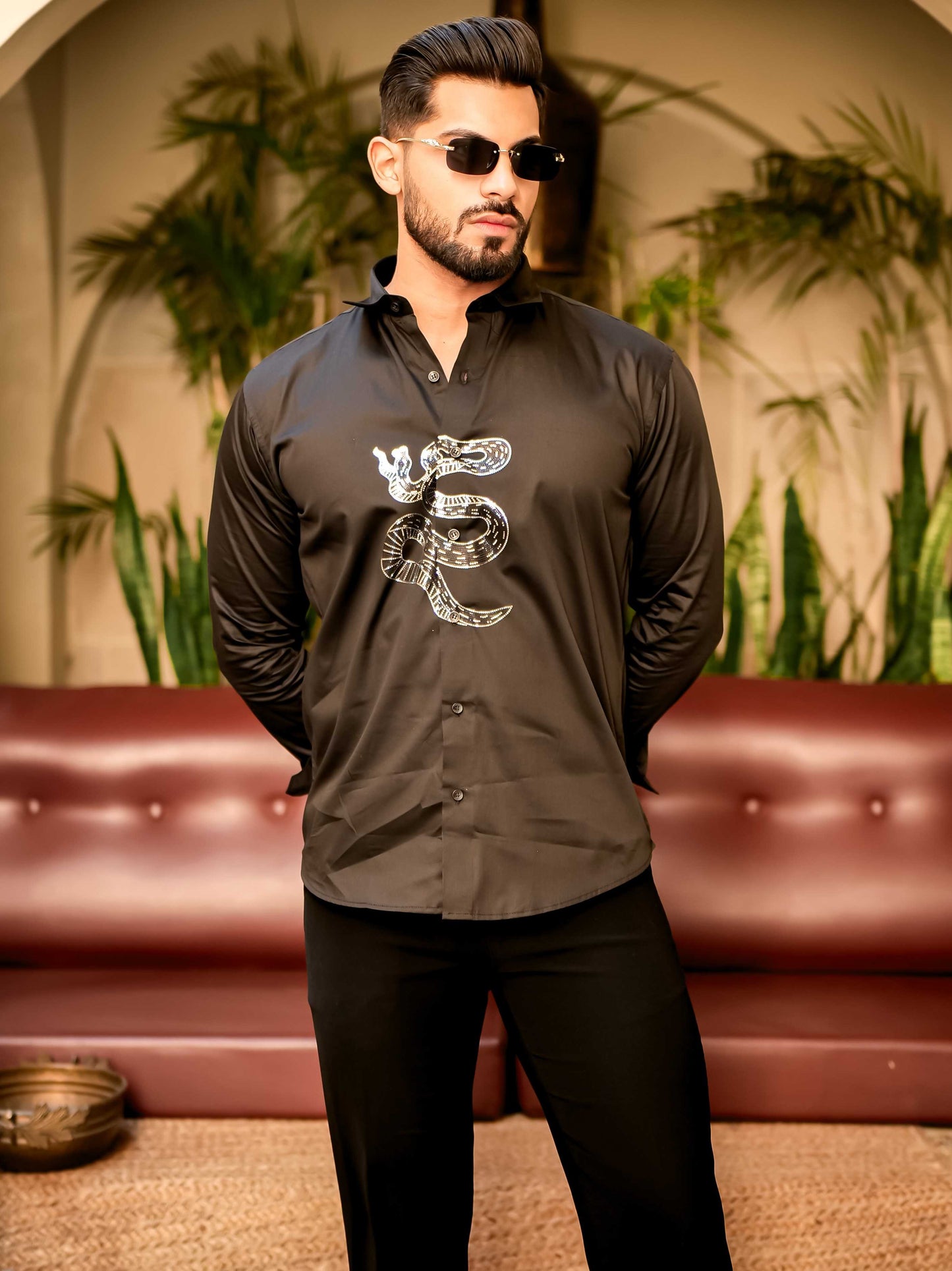 Snake Black Sequence Club Wear Satin Cotton Party Shirt