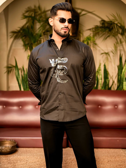 Snake Black Sequence Club Wear Satin Cotton Party Shirt