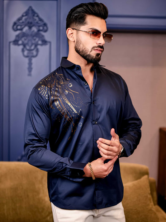 Navy Sequence Club Wear Satin Cotton Party Shirt
