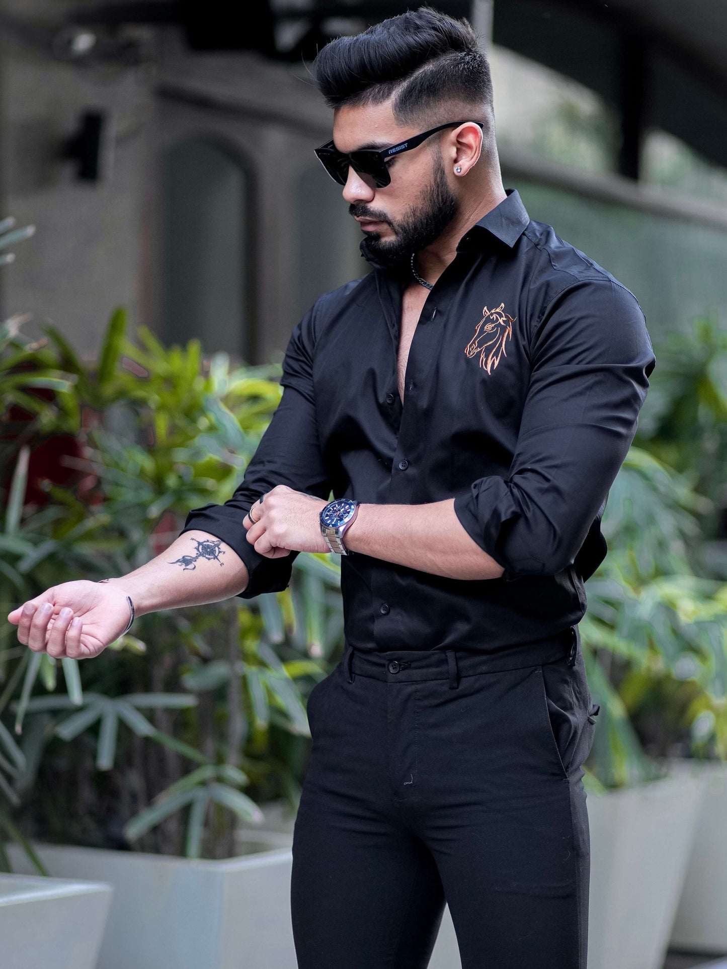 Horse Embroidered Black Luxury Cotton Shirt For Men