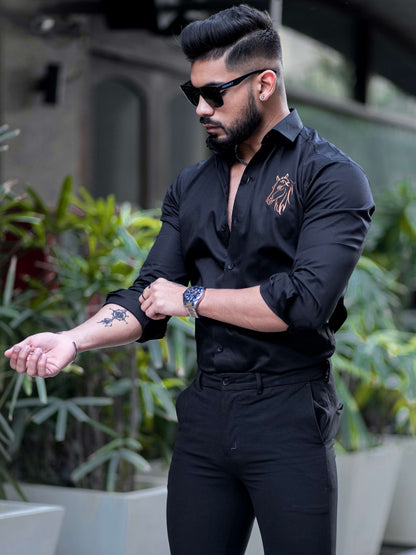 Horse Embroidered Black Luxury Cotton Shirt For Men