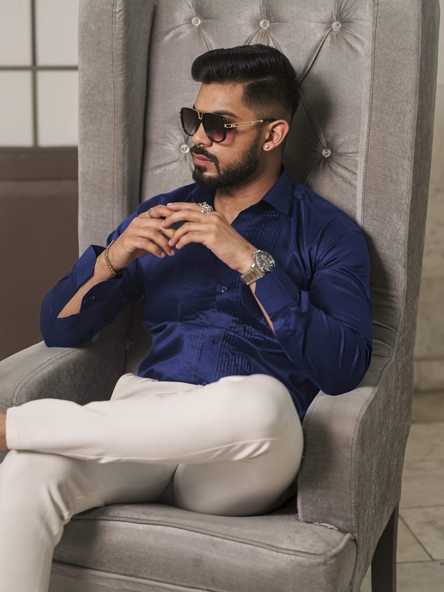 Navy Blue Subtle Sheen Tuxedo Premium Giza Satin Cotton Shirt