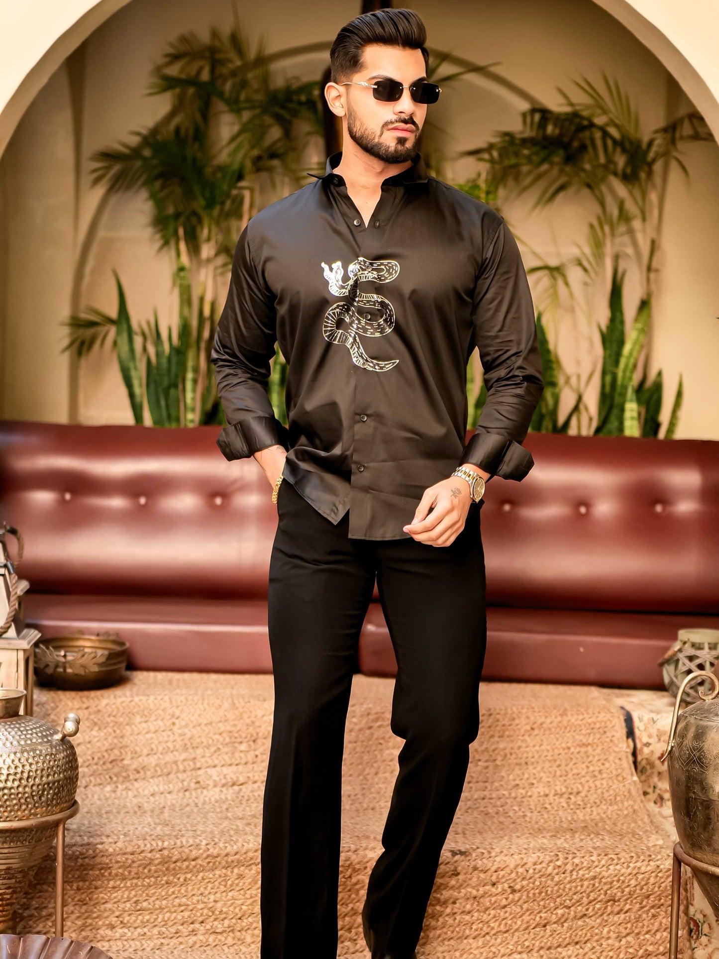 Snake Black Sequence Club Wear Satin Cotton Party Shirt