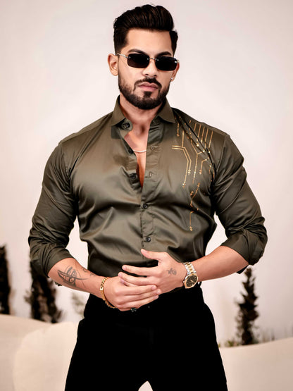 Olive Green Sequence Club Wear Satin Cotton Party Shirt