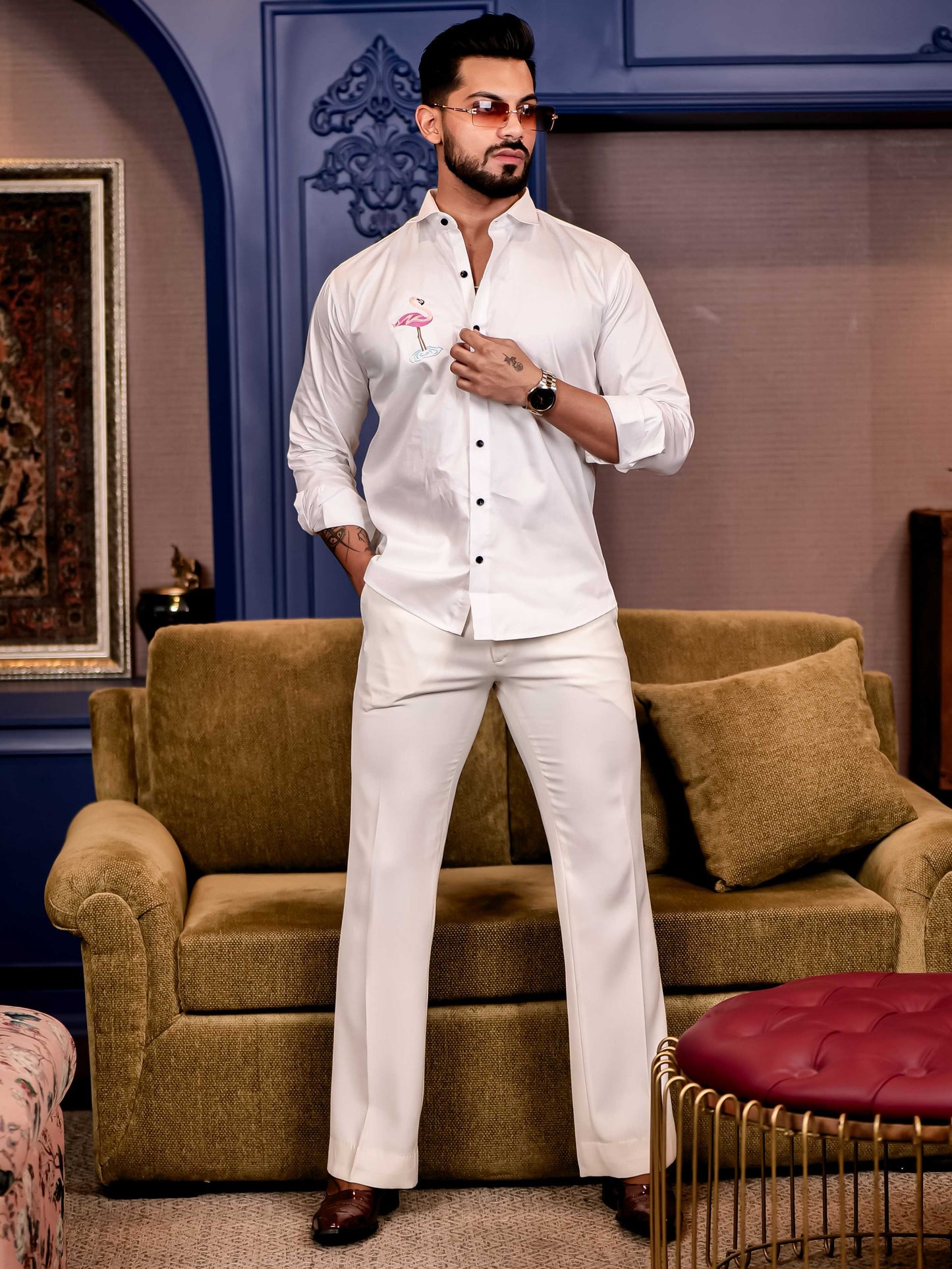 Flamingos White Multicolor Embroidered Club Wear Satin Cotton Shirt