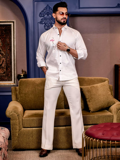 Flamingos White Multicolor Embroidered Club Wear Satin Cotton Shirt