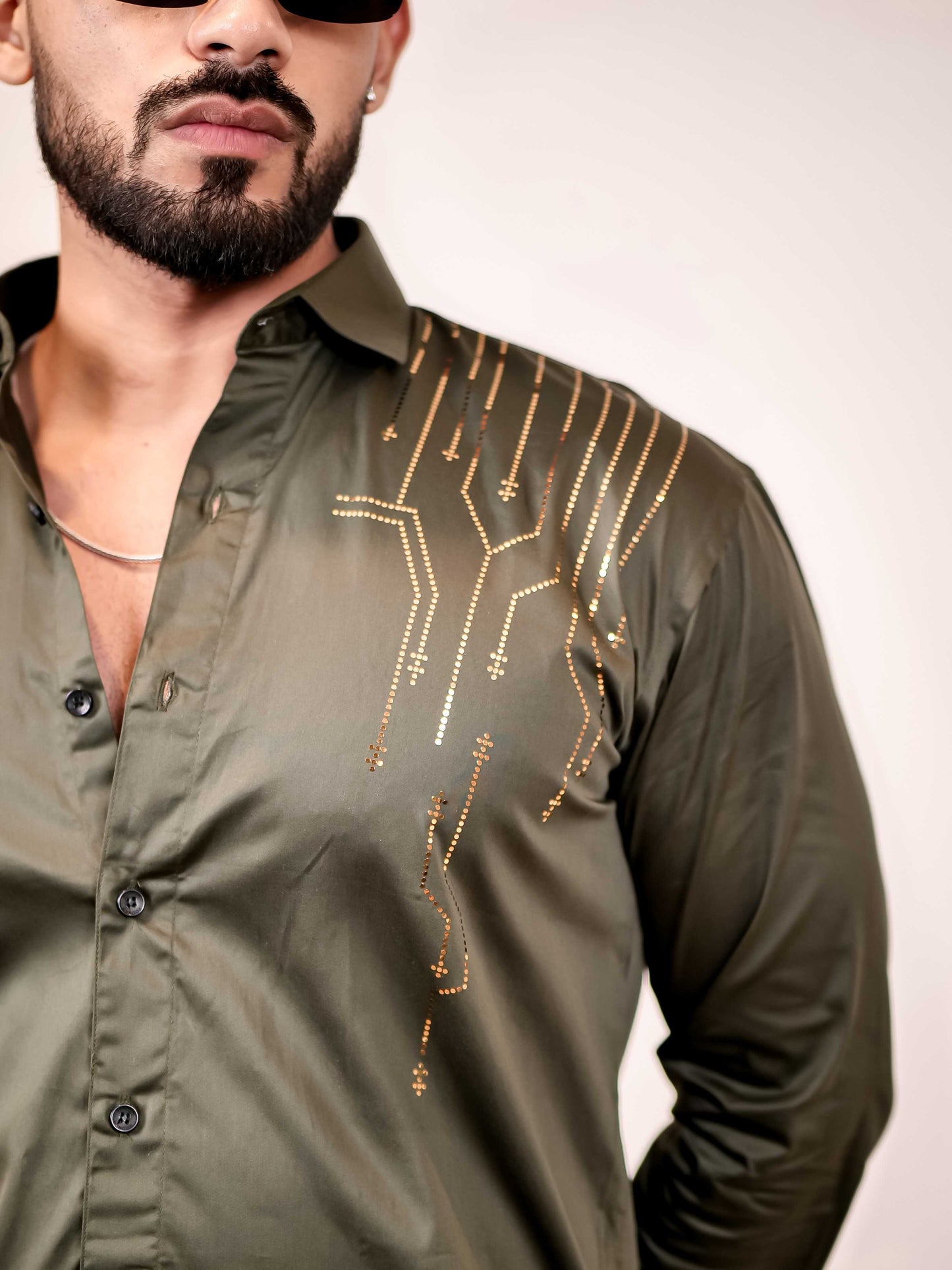 Olive Green Sequence Club Wear Satin Cotton Party Shirt