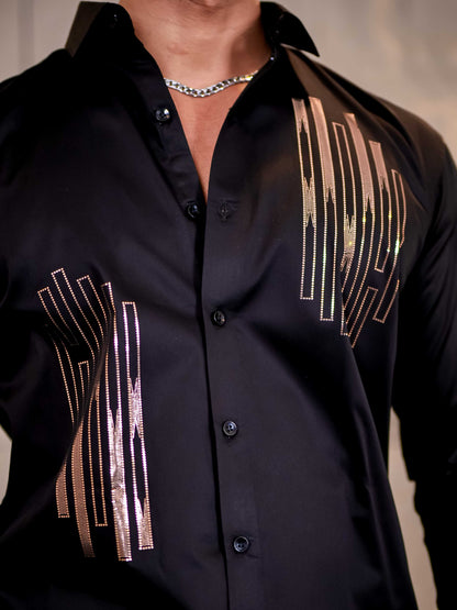 Black Sequence Club Wear Satin Cotton Party Shirt