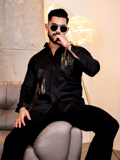 Black Sequence Club Wear Satin Cotton Party Shirt
