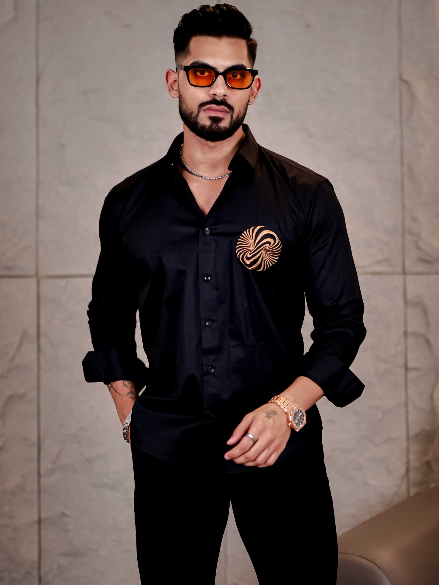 Black Money Attract Embroidered Premium Cotton Shirt For Men