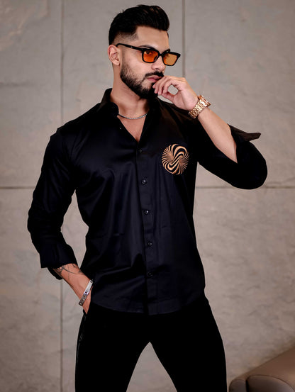 Black Money Attract Embroidered Premium Cotton Shirt For Men