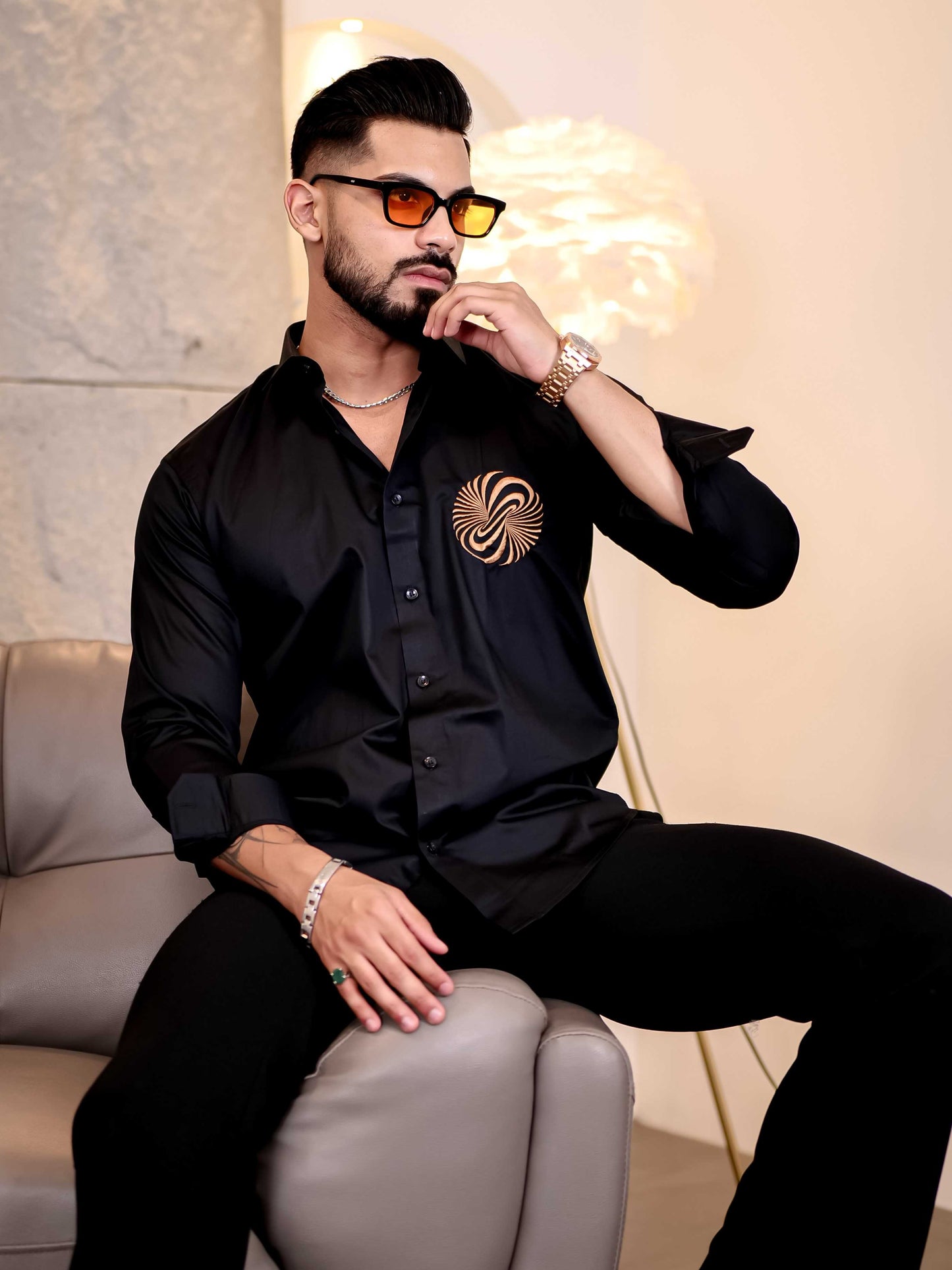 Black Money Attract Embroidered Premium Cotton Shirt For Men