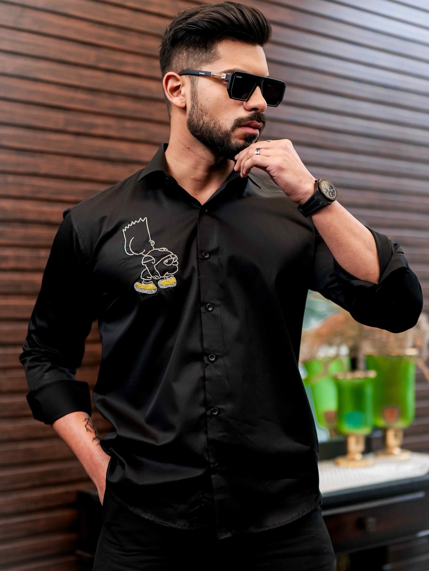 Black Rhinestone Party Satin Cotton Premium Shirt