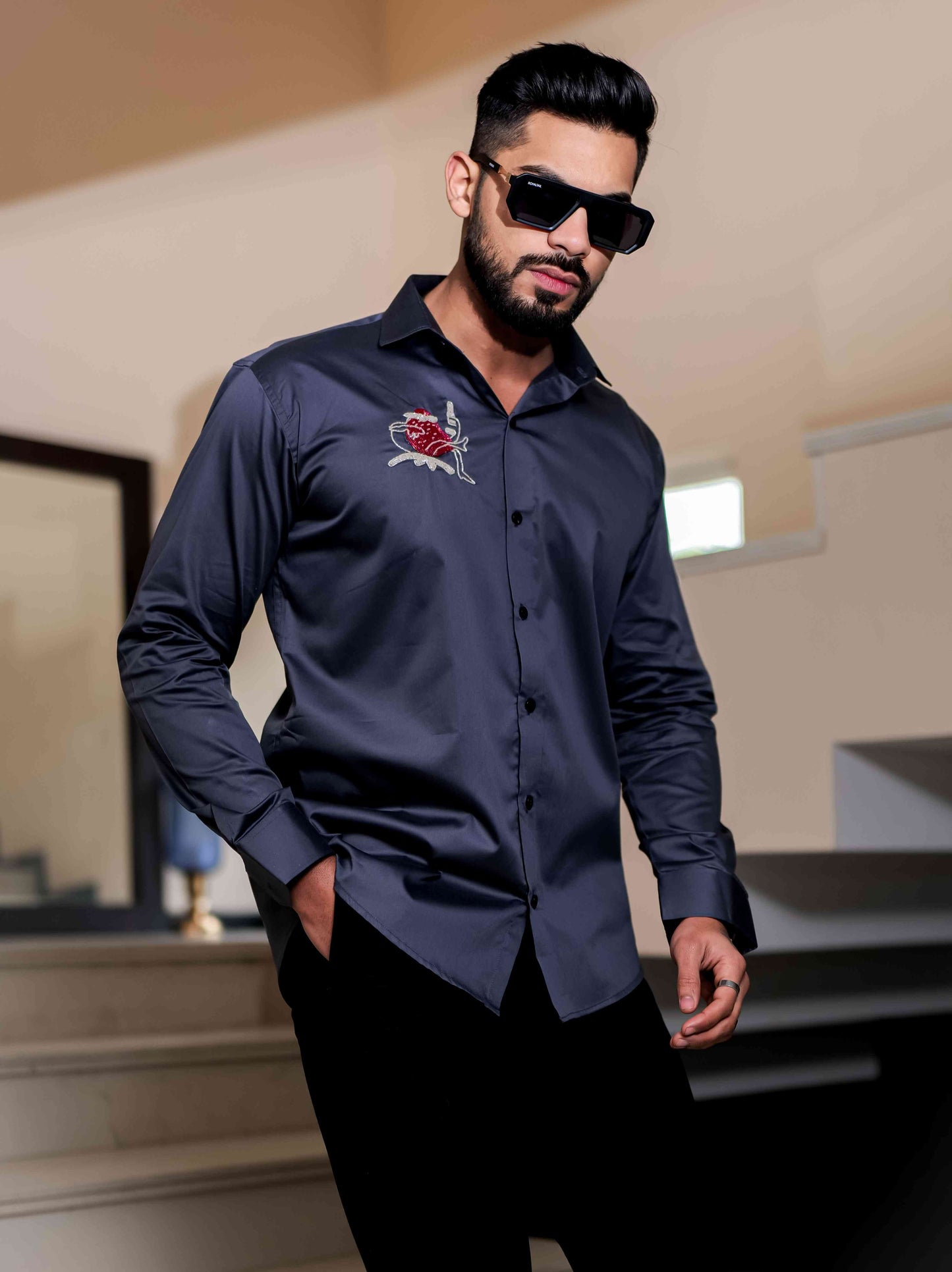 Darkgrey Heart Hand Work Party Satin Cotton Premium Shirt
