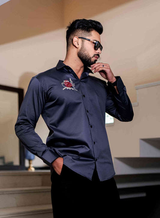 Darkgrey Heart Hand Work Party Satin Cotton Premium Shirt