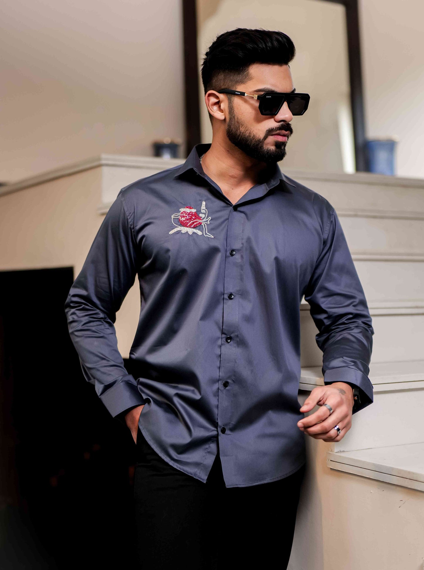 Darkgrey Heart Hand Work Party Satin Cotton Premium Shirt