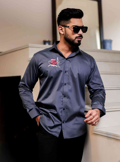 Darkgrey Heart Hand Work Party Satin Cotton Premium Shirt
