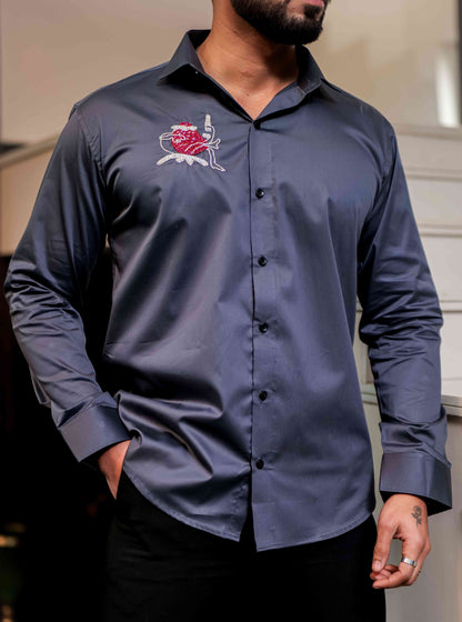 Darkgrey Heart Hand Work Party Satin Cotton Premium Shirt