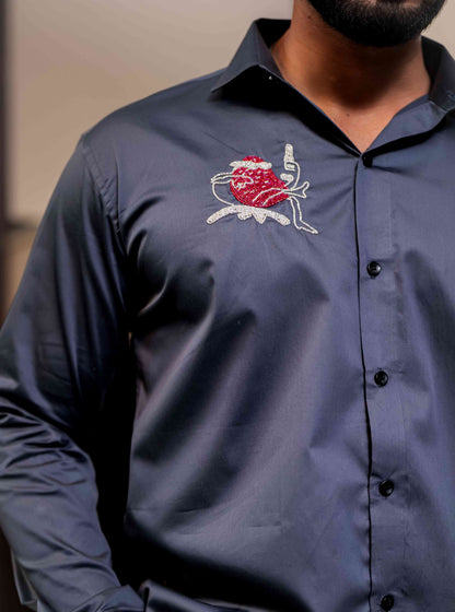 Darkgrey Heart Hand Work Party Satin Cotton Premium Shirt
