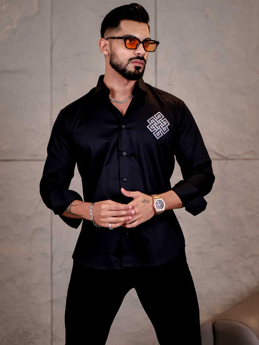 Black Embroidered Premium Cotton Shirt For Men