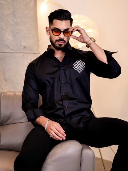 Black Embroidered Premium Cotton Shirt For Men