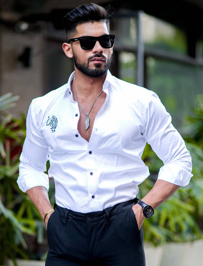 Tiger Embroidered White Premium Cotton Shirt