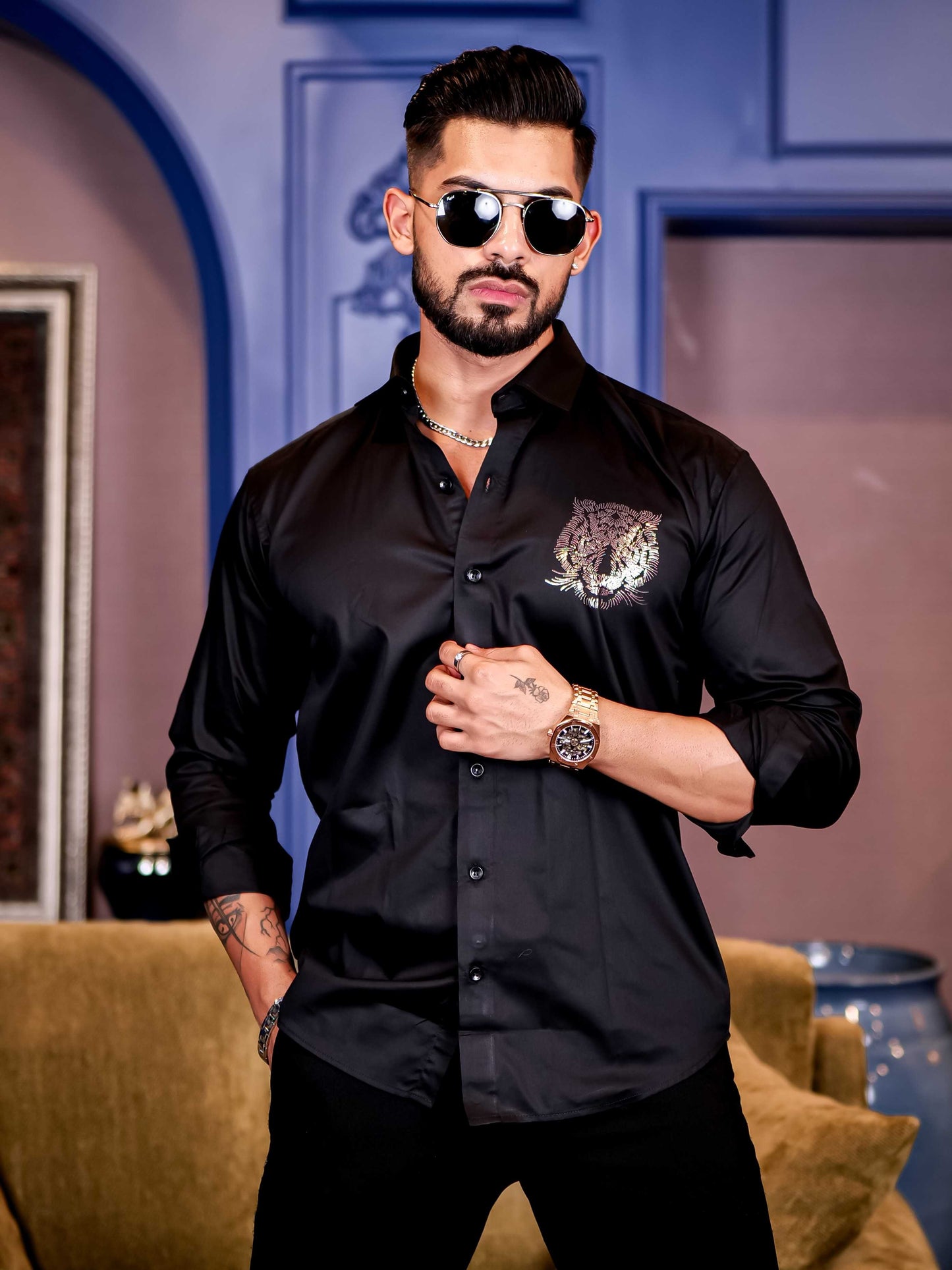 Black Club Wear Tiger Sequence Satin Cotton Party Shirt