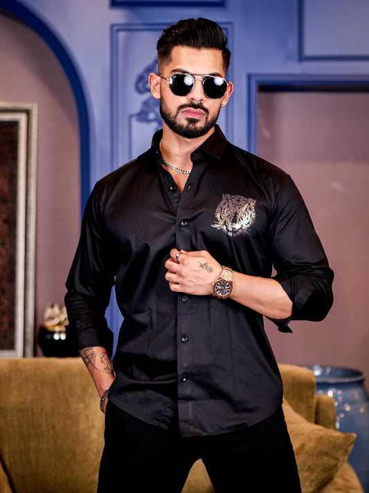 Black Club Wear Tiger Sequence Satin Cotton Party Shirt