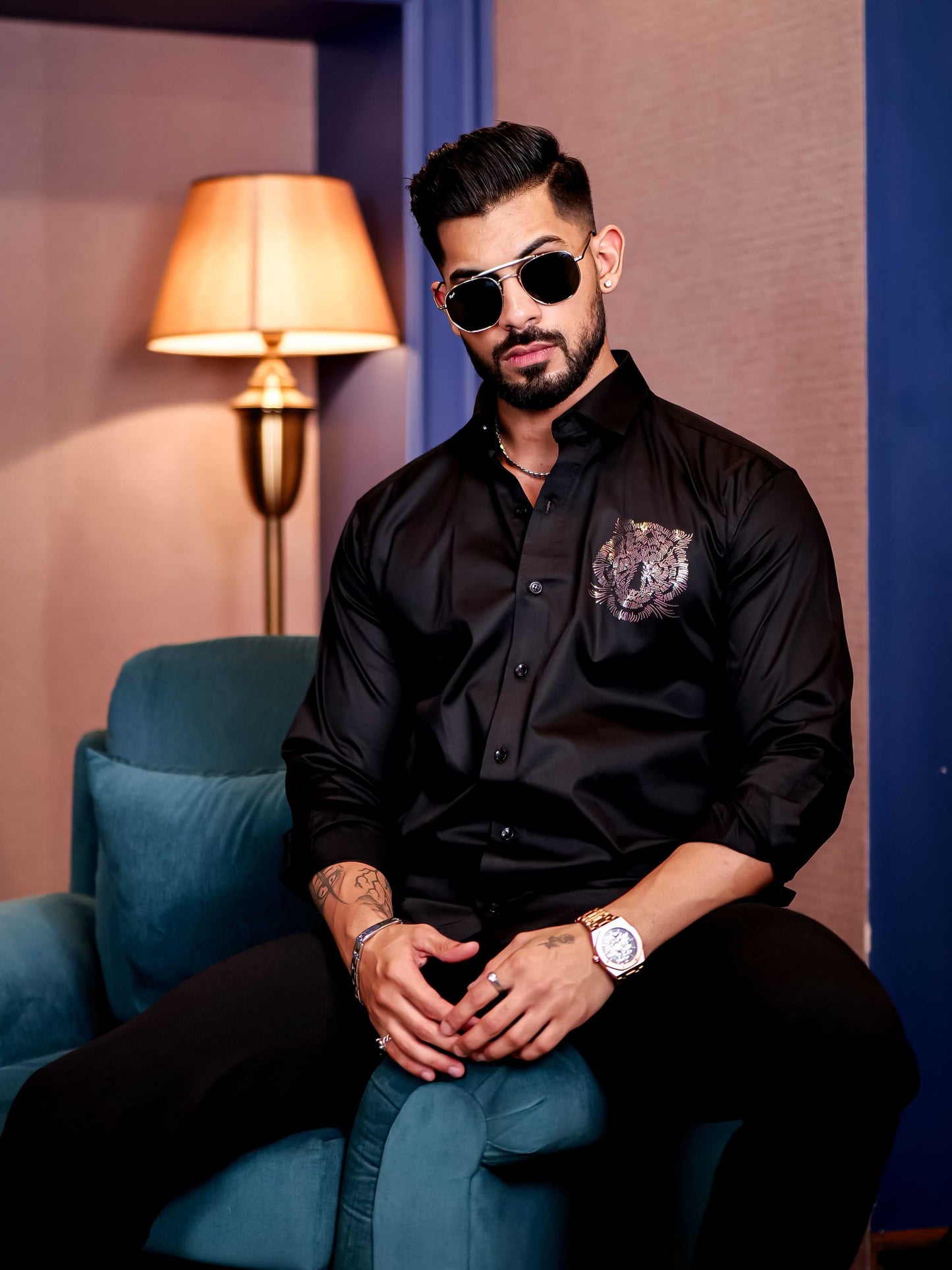 Black Club Wear Tiger Sequence Satin Cotton Party Shirt