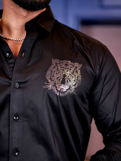 Black Club Wear Tiger Sequence Satin Cotton Party Shirt