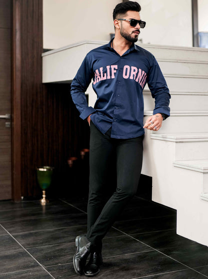 Navy Club Wear Printed Satin Cotton Shirt