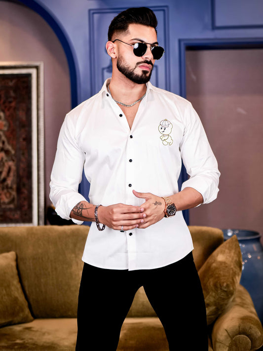 White Clubwear Cartoon Embroidered Satin Cotton Shirt