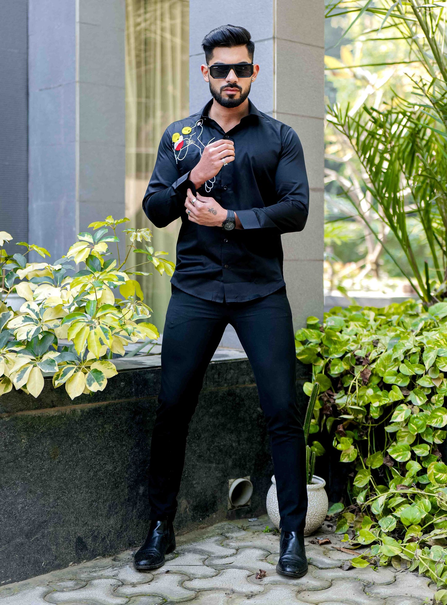 Black Rhinestone Party Satin Cotton Premium Shirt