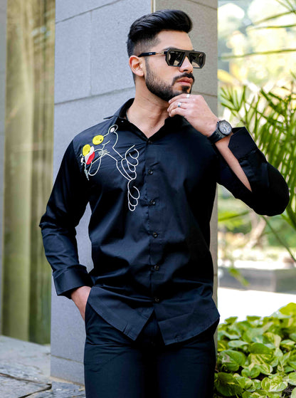 Black Rhinestone Party Satin Cotton Premium Shirt