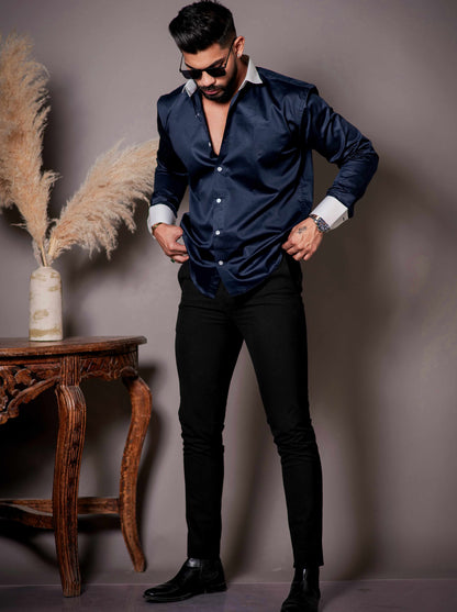 Navy Blue Satin Cotton Premium Shirt