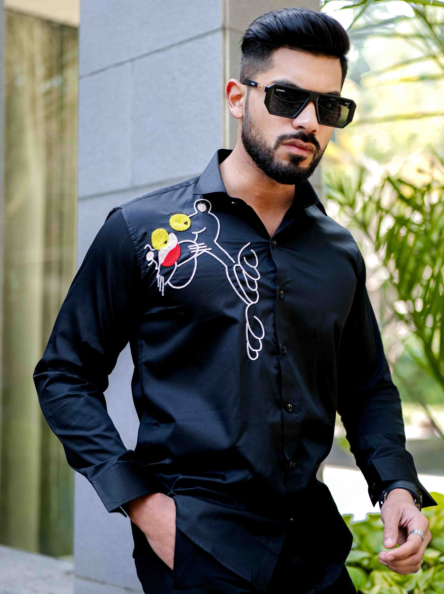 Black Rhinestone Party Satin Cotton Premium Shirt