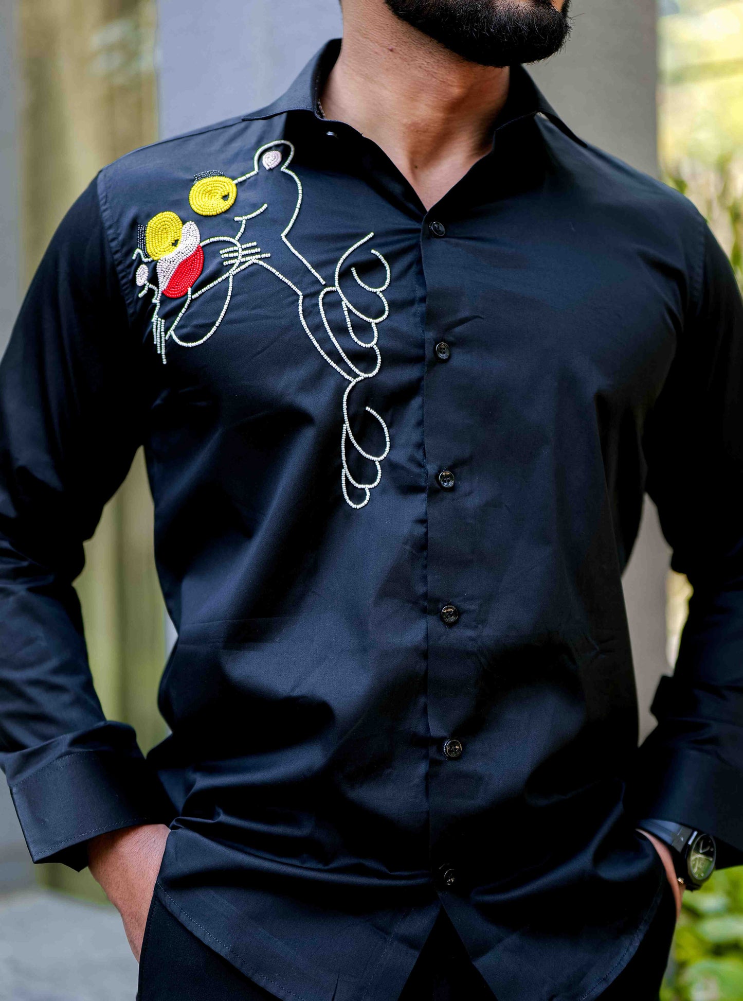 Black Rhinestone Party Satin Cotton Premium Shirt