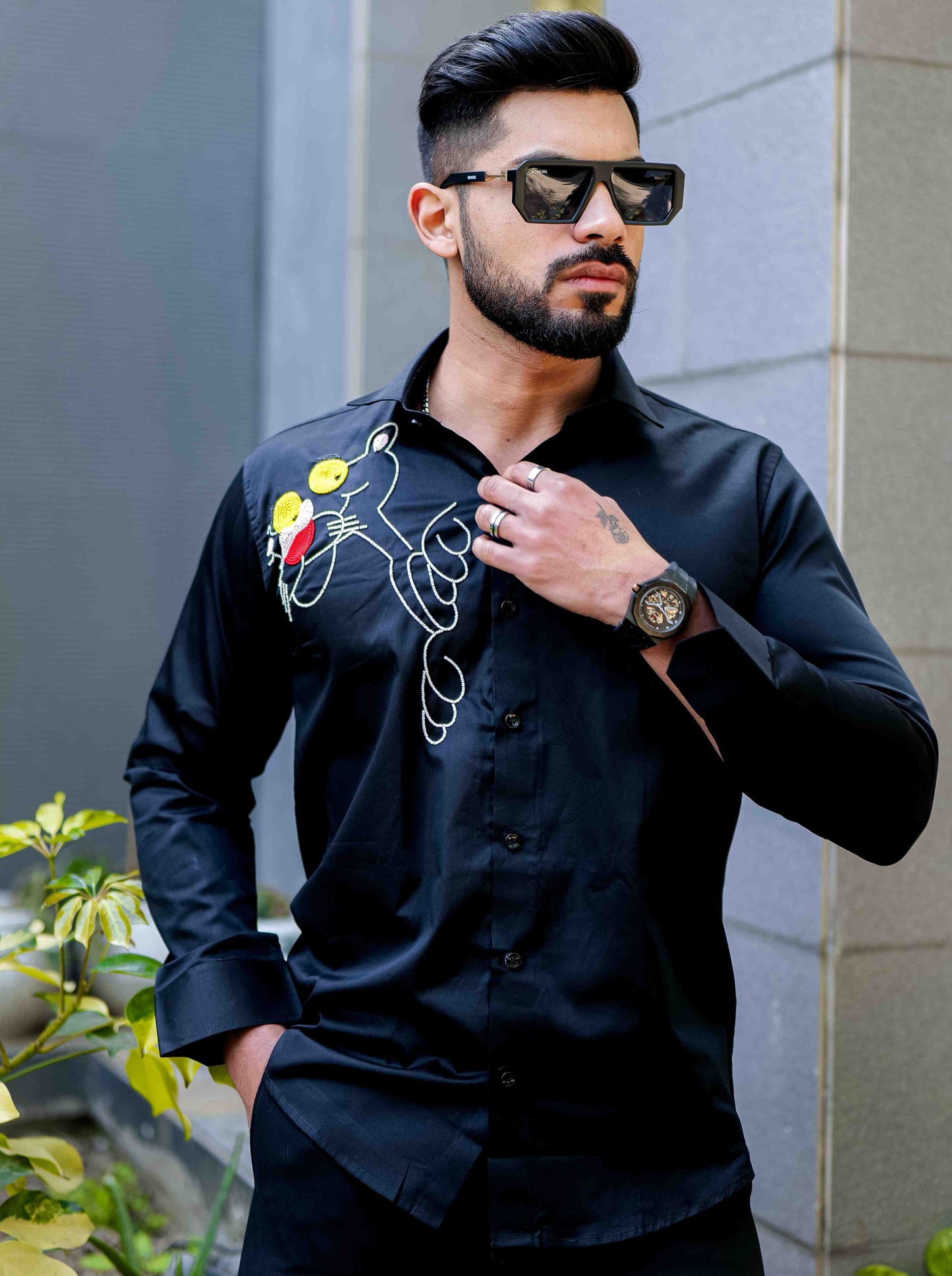 Black Rhinestone Party Satin Cotton Premium Shirt