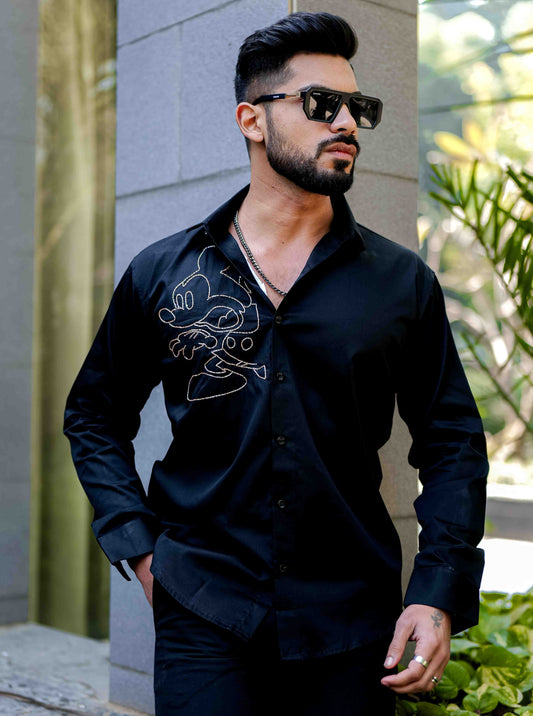 Black Rhinestone Party Satin Cotton Premium Shirt