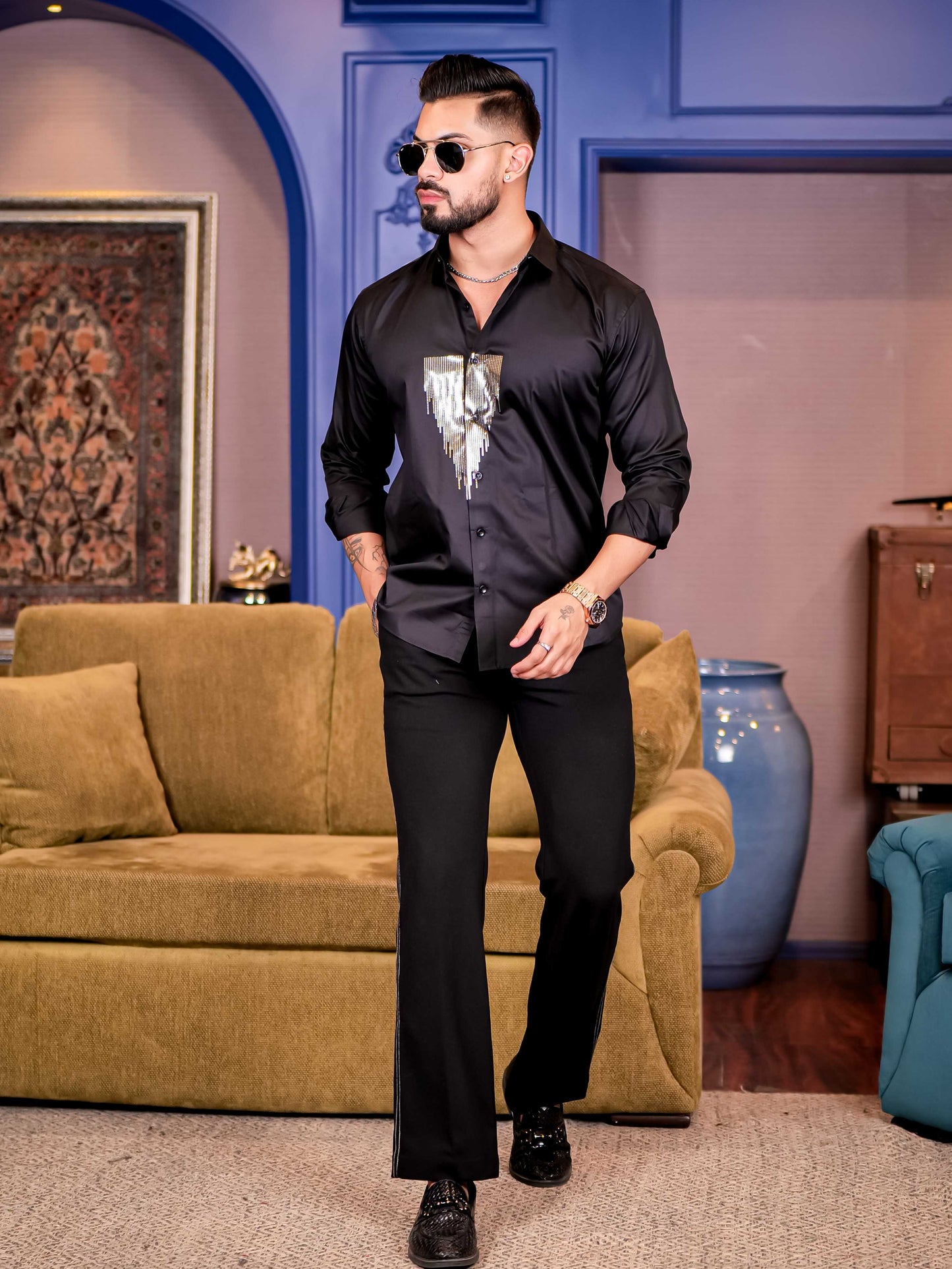 Black Sequence Club Wear Satin Cotton Party Shirt