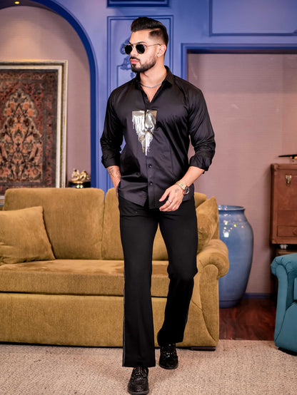 Black Sequence Club Wear Satin Cotton Party Shirt