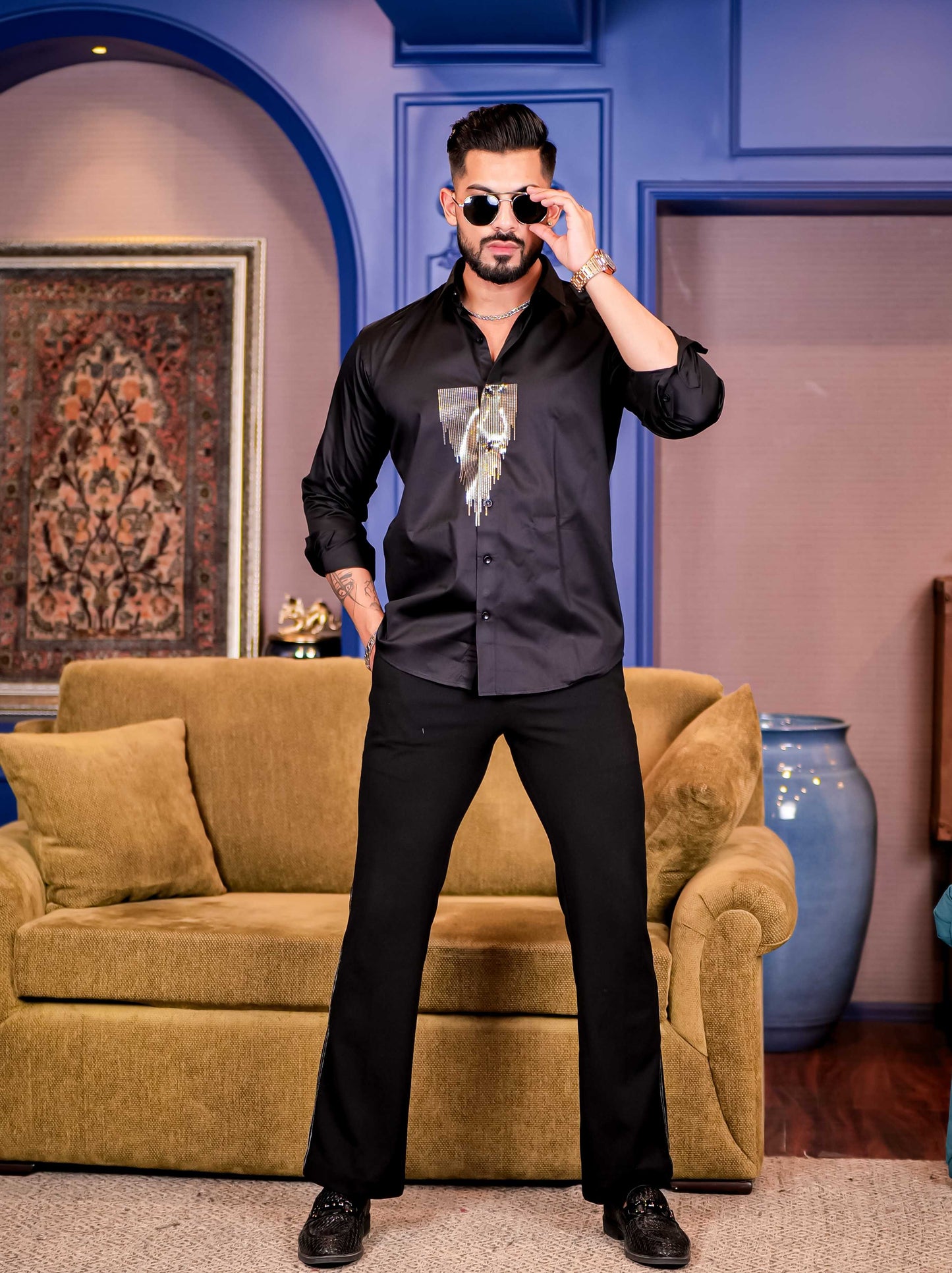 Black Sequence Club Wear Satin Cotton Party Shirt