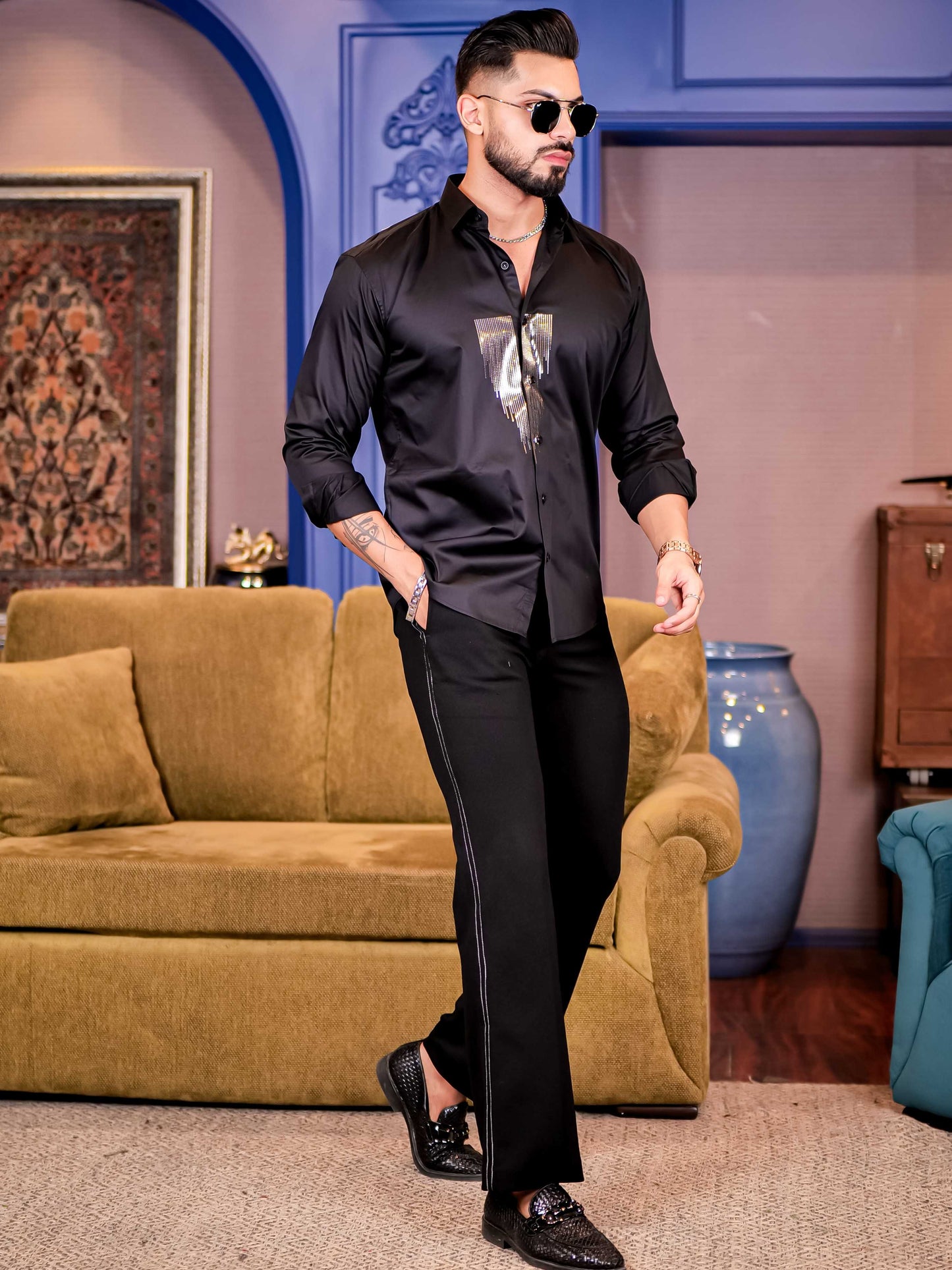 Black Sequence Club Wear Satin Cotton Party Shirt