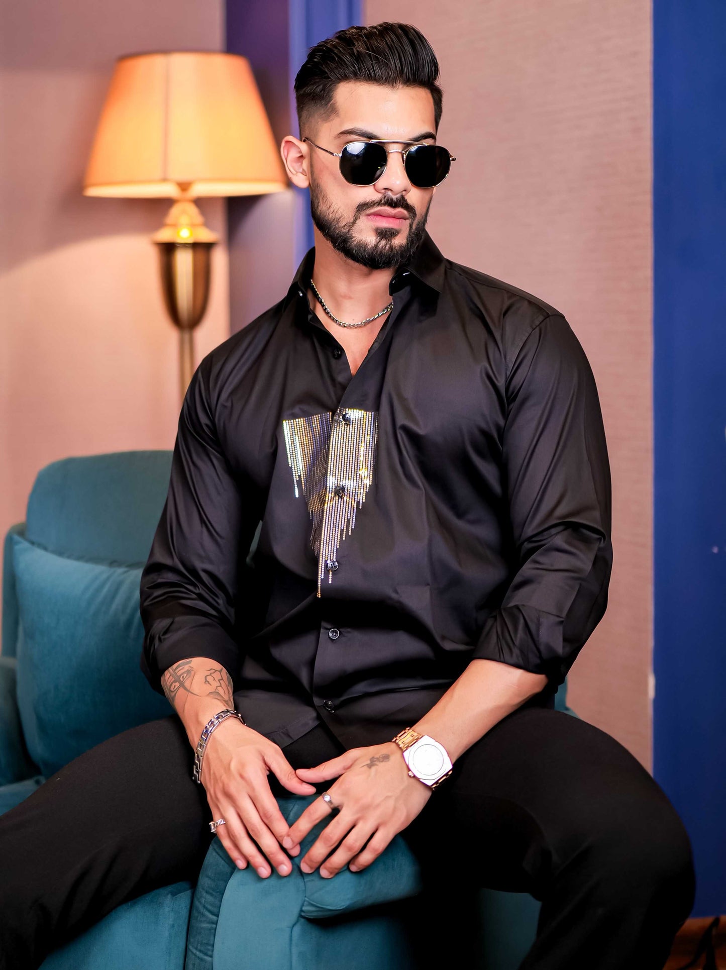 Black Sequence Club Wear Satin Cotton Party Shirt