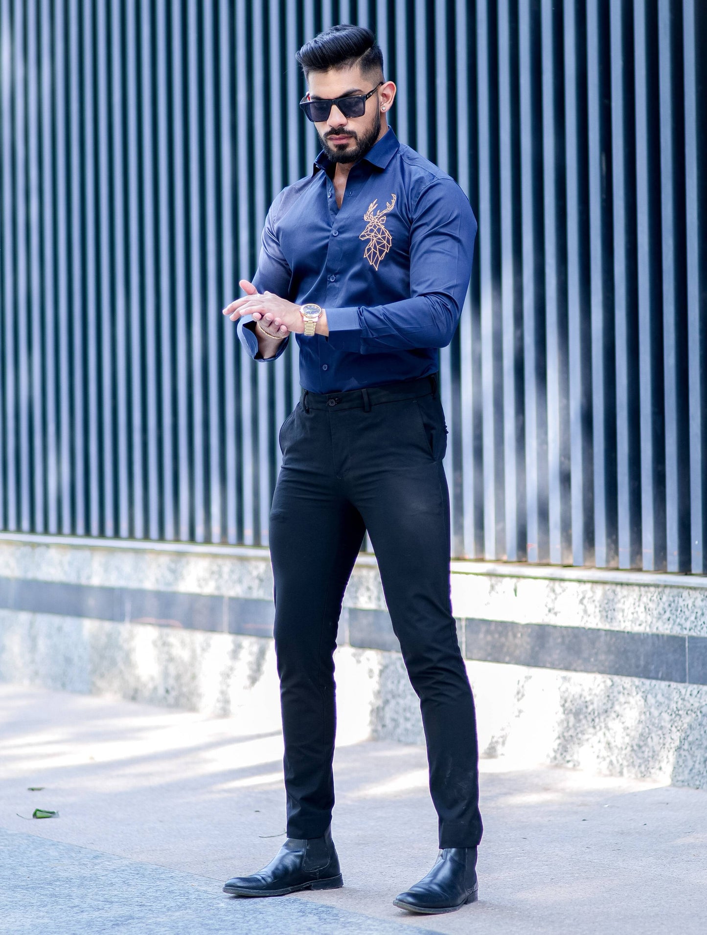Deer Golden Embroidered Navy Blue  Premium Cotton Shirt