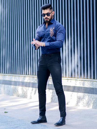 Deer Golden Embroidered Navy Blue  Premium Cotton Shirt
