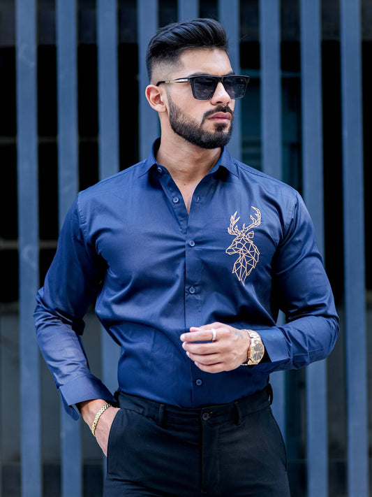 Deer Golden Embroidered Navy Blue  Premium Cotton Shirt