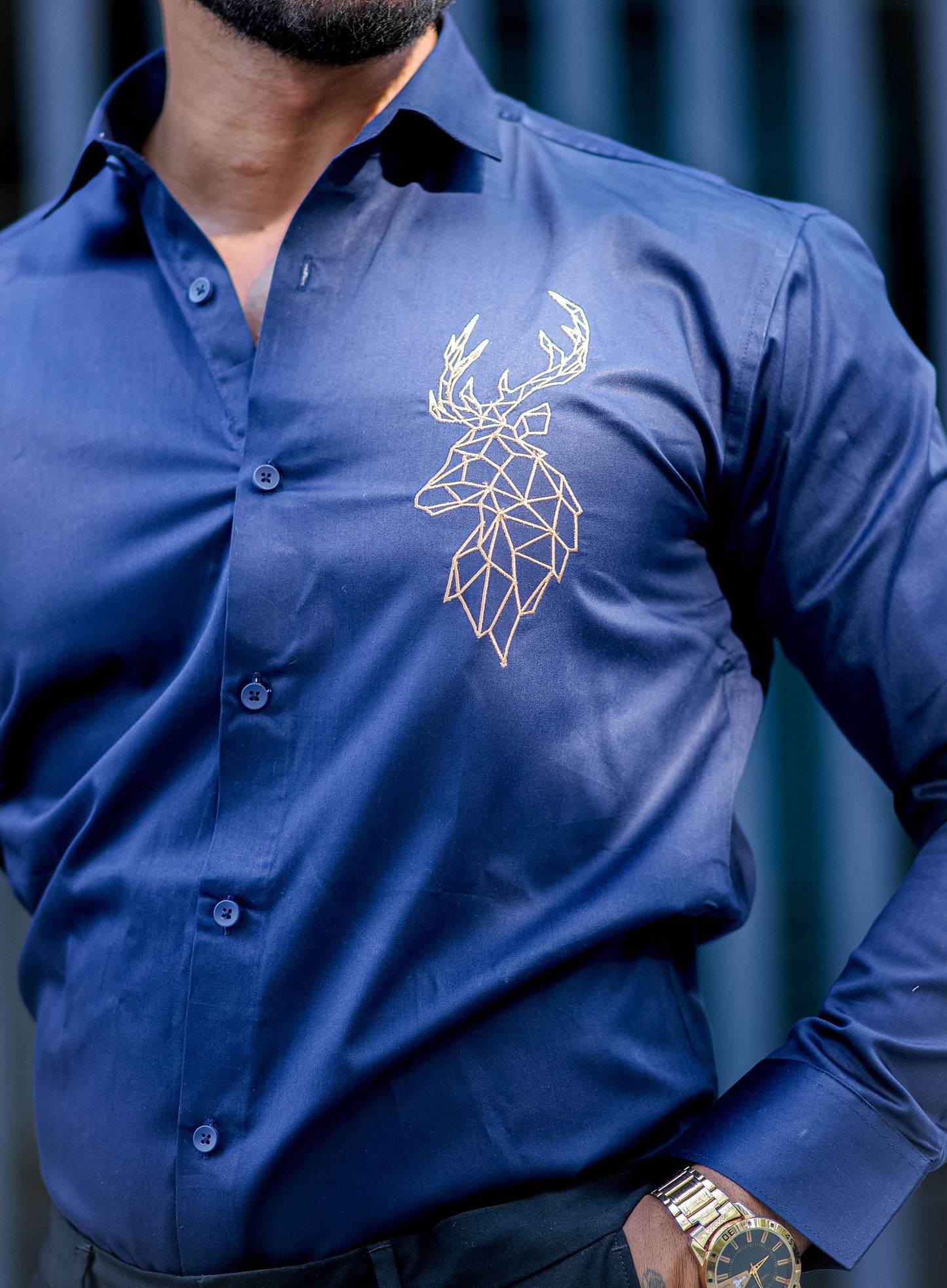 Deer Golden Embroidered Navy Blue  Premium Cotton Shirt