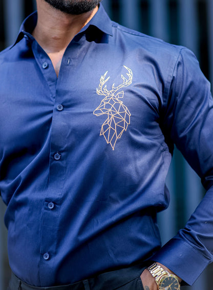 Deer Golden Embroidered Navy Blue  Premium Cotton Shirt