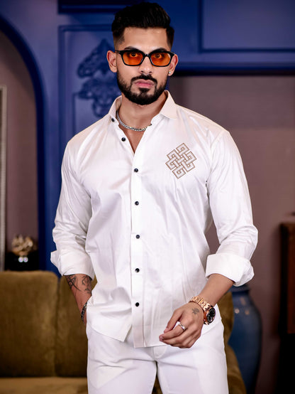White Embroidered Premium Cotton Shirt For Men